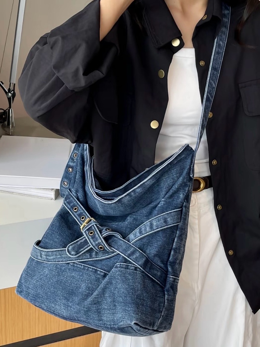 Denim Slouch Belted Hobo Bag - Dark Wash Blue
